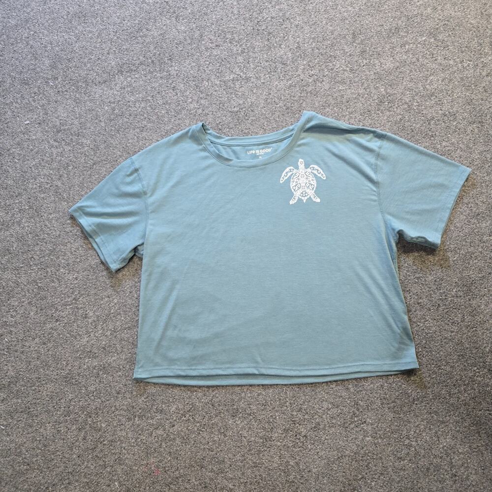 Life Is Good Top Womens XL Green Short Sleeve Crop Turtle Ocean Casual Lounge